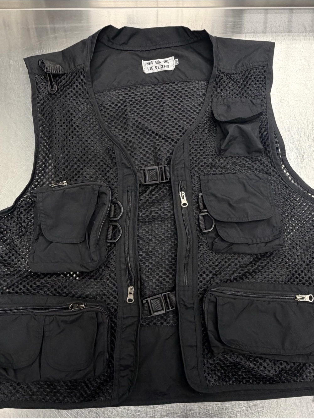 Vintage Black Tactical Fishing Mesh Utility Vest - Lie Se Zhe Y2K